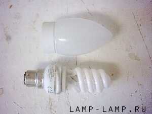 GE 11 watt Energy Saving Candle Lamp with outer bulb removed to show the Spiral Tube